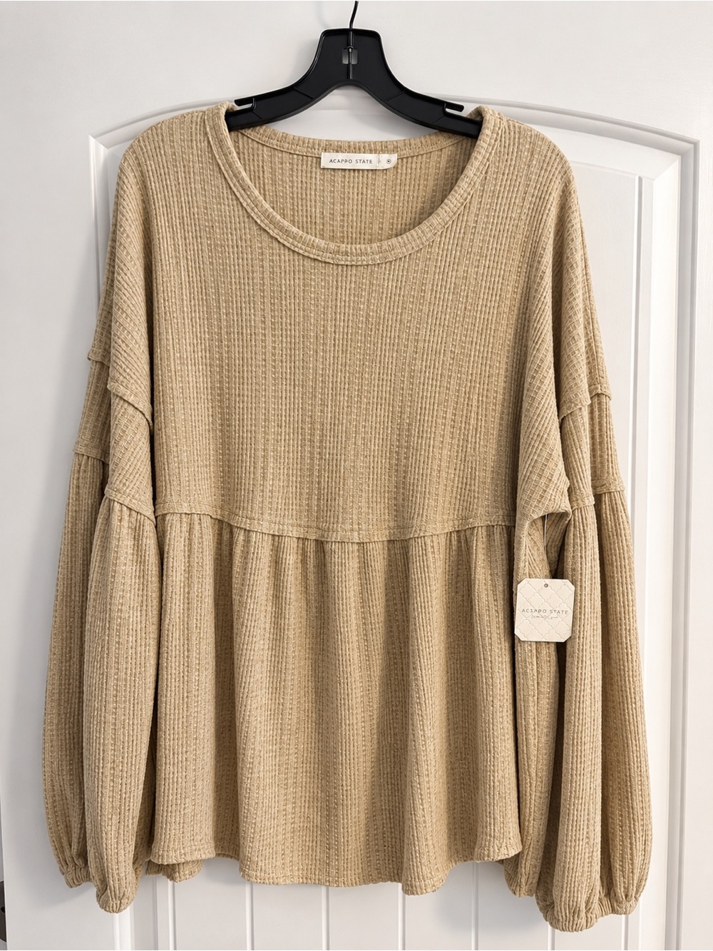 Altar'd State Tan Waffle Knit Peplum Sleeve Top